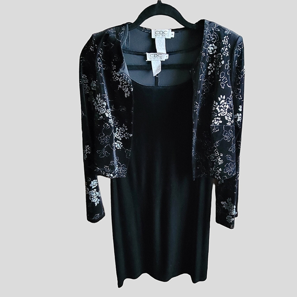 Vintage CDC Petites Size 8 Black Velvet Sequin Beaded Shrug Cardigan and  Dress